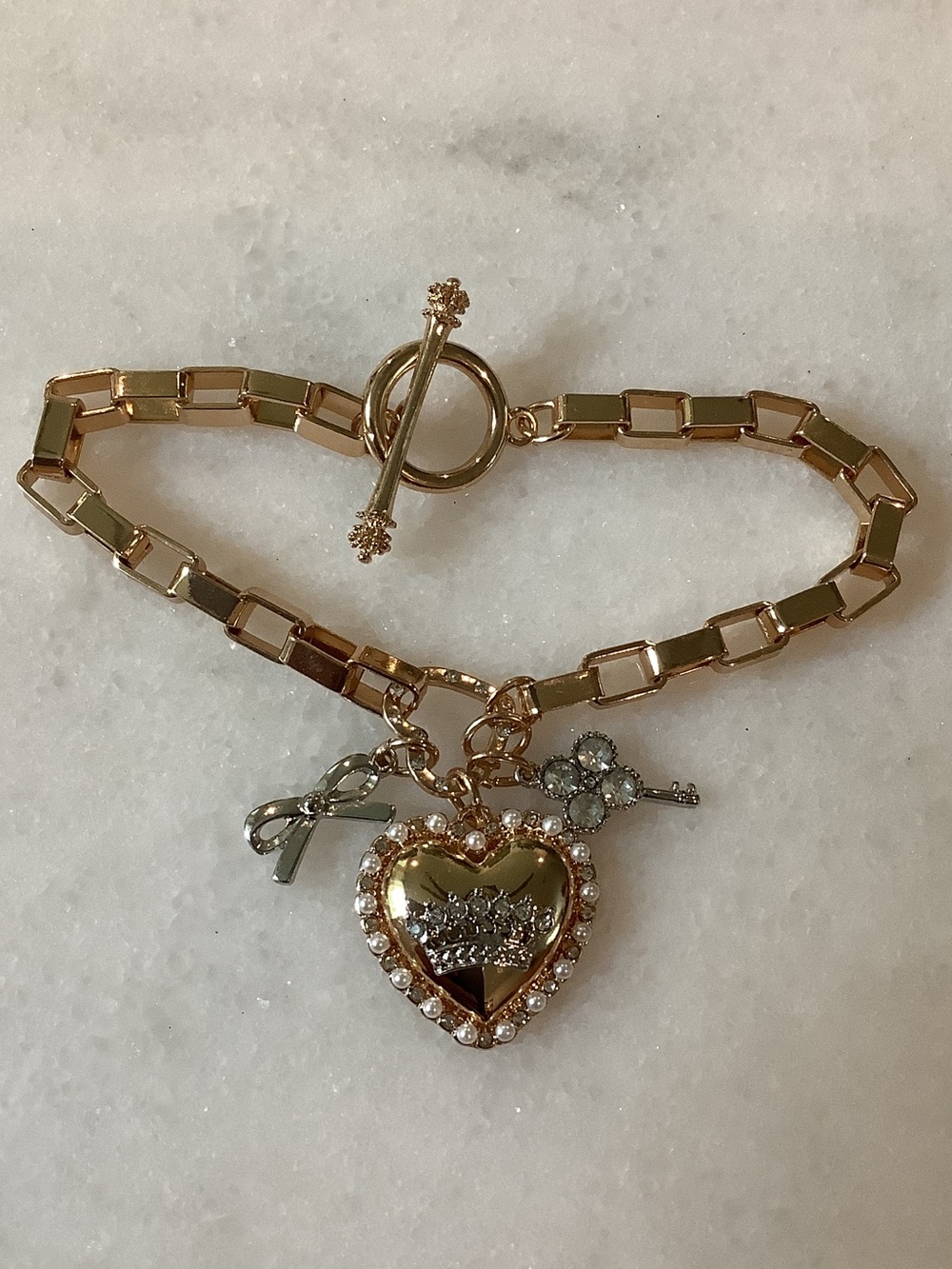 Juicy Couture Gold & Silver Tone Heart Charm Toggle Bracelet with Crystals, BN